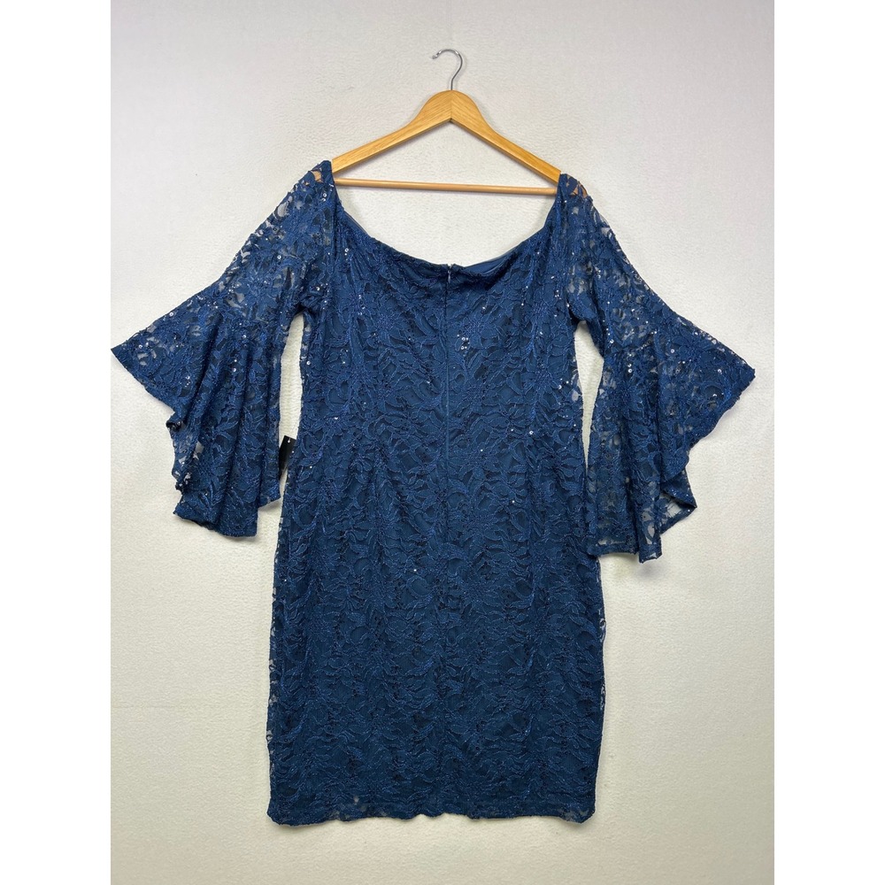 Cocktail Party Venus Womens 20 Blue Lace Sequin Bell Sleeve Off Shoulder Dress - Picture 2 of 12